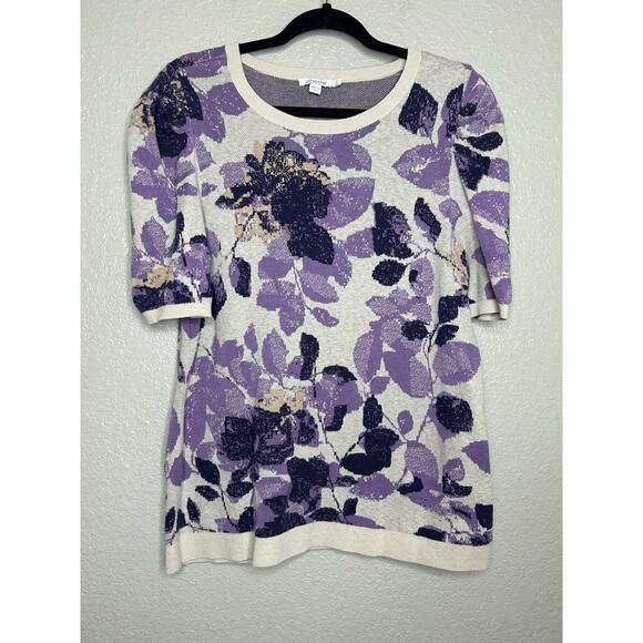 Chico's Short Sleeve Crew Neck Abstract Purple Floral Sweater Size Large - Picture 1 of 7